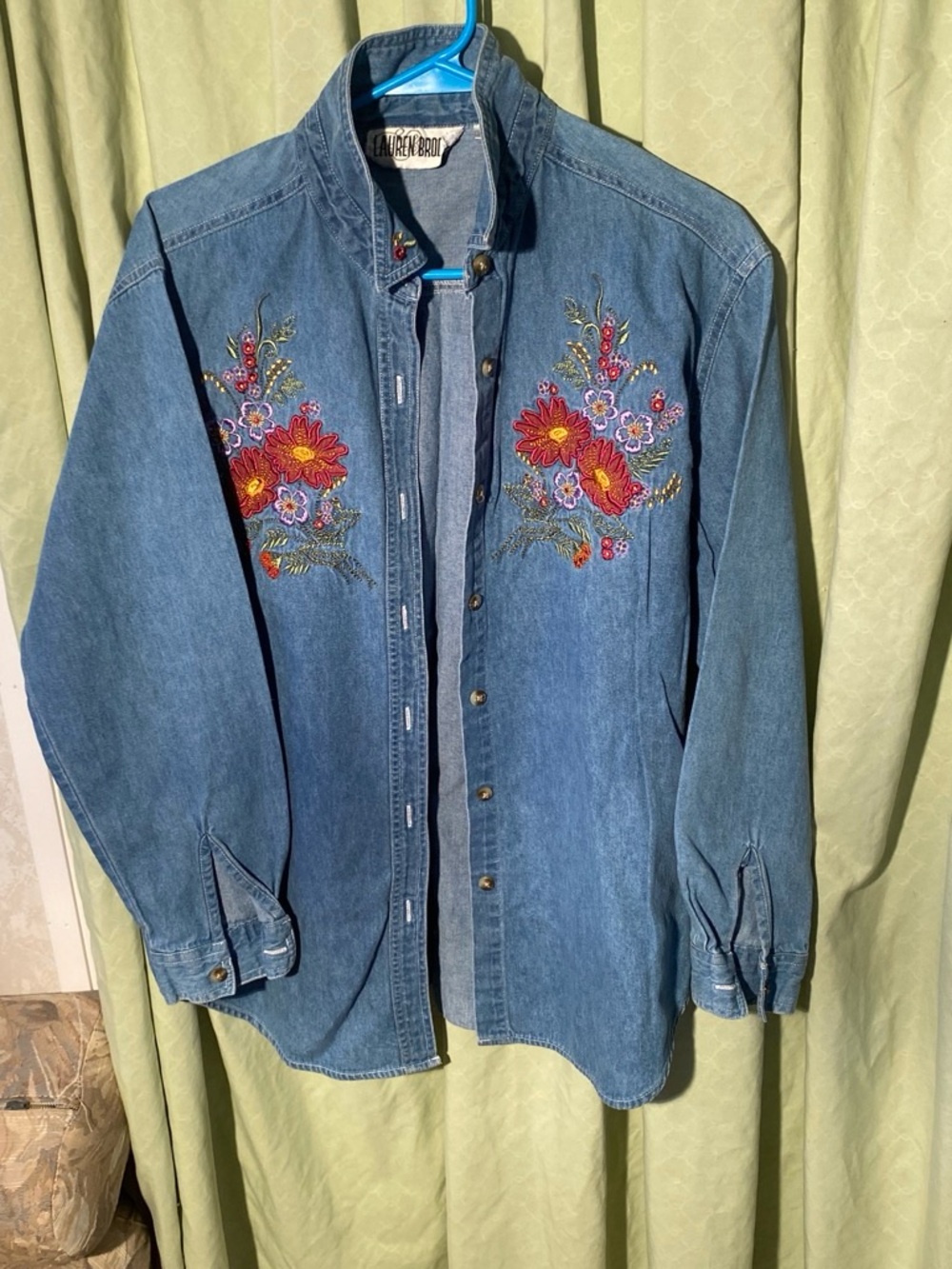 Embroidered Denim shirt - Blue with Red Floral Accents